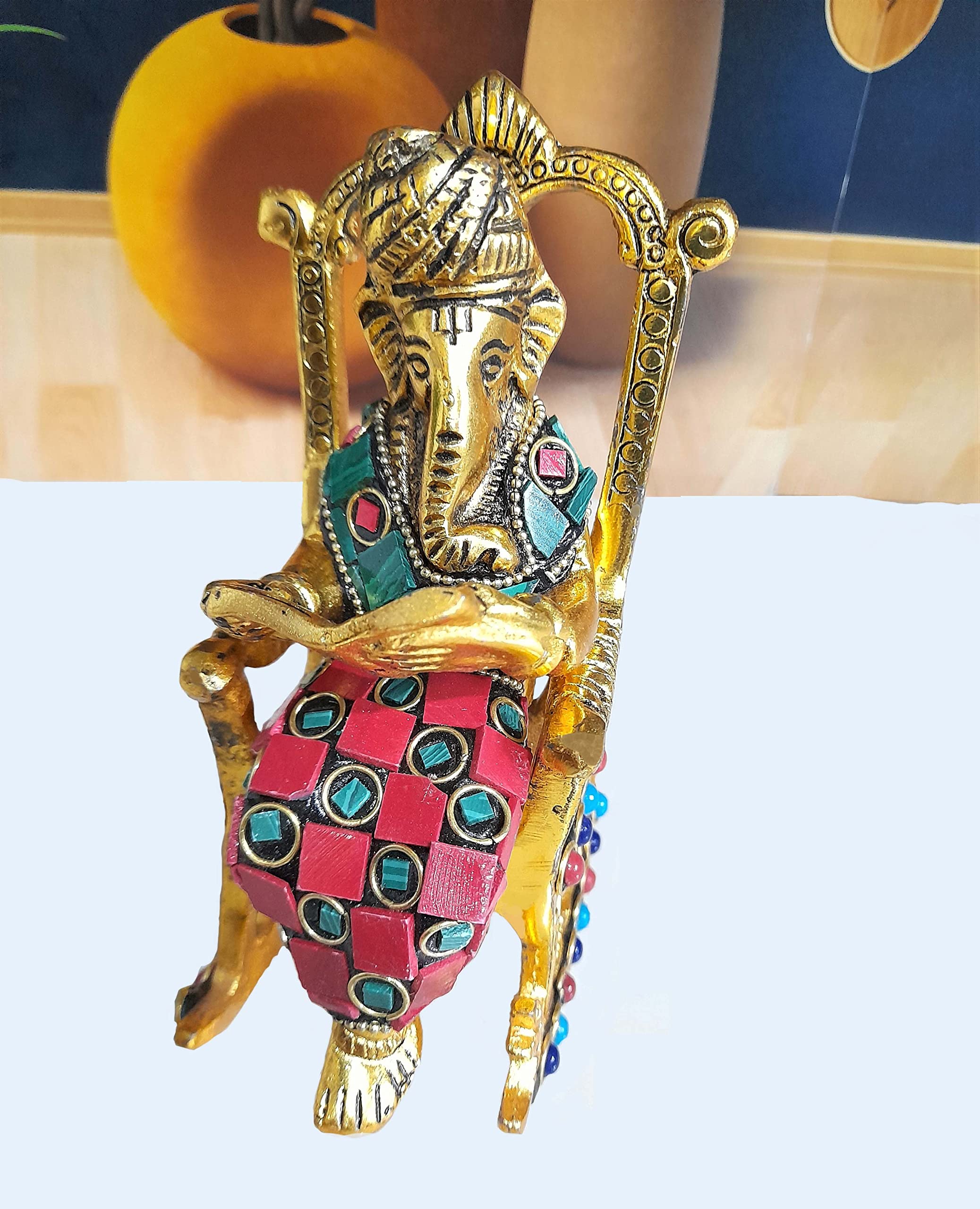 Kridaykraft Chair Ganesha Ji Reading Book With Stone Work,Ganesha Metal Statue,Ganpati Murti Idol For Pooja & Home,Office Dcor G